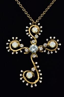 Konplott by Miranda Crystal Cross Necklace Antiqued Gold Sparkling Signed Bin1